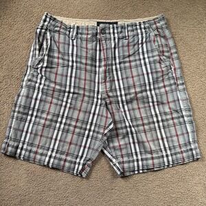 Y2K American Eagle Plaid Shorts Men's 36 Gray Red Skater Baggy